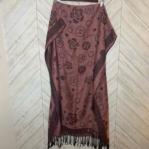 CHANEL Rosewood & Chocolate Logo Jacquard Fringe Shawl